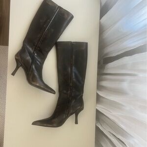 Zara  faux leather distressed dark brown Knee-High Pointed Toe Stiletto Boots